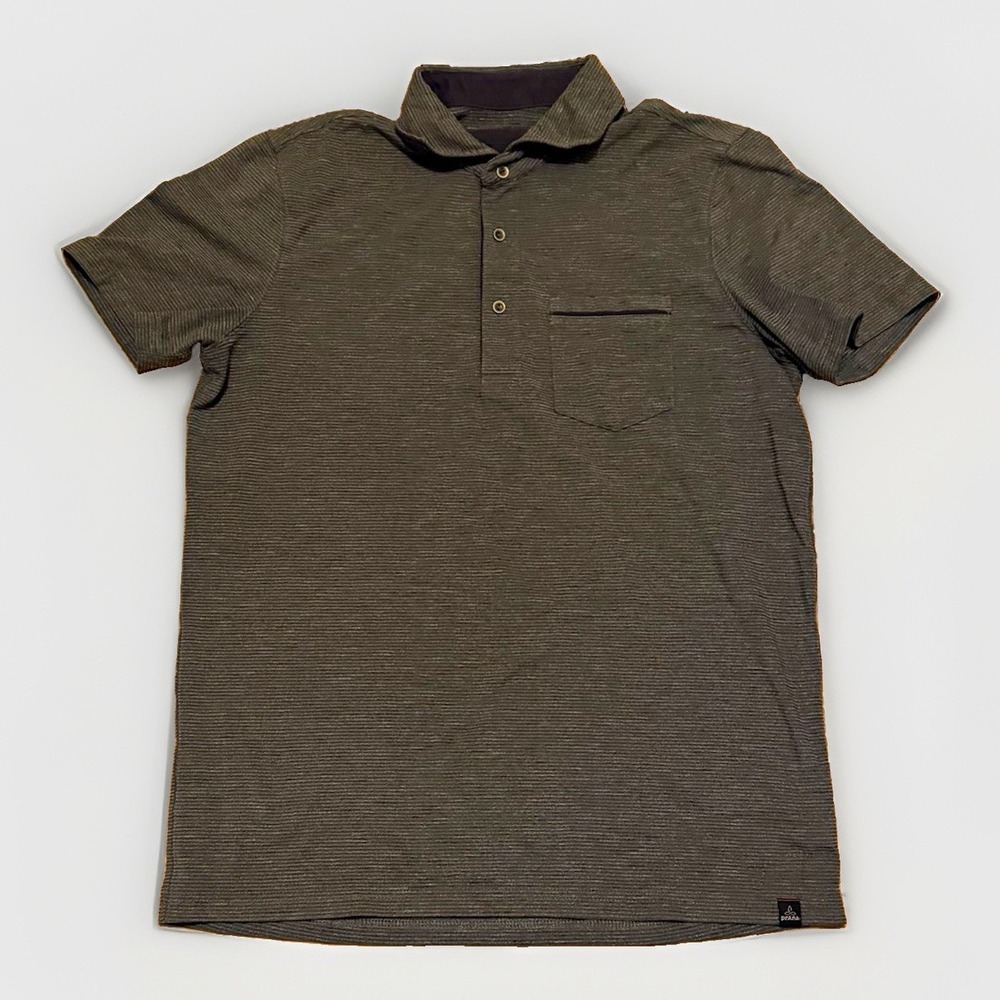 prAna Pacer Polo Men S Charcoal Gray Stripe UPF 50 Stretch Pocket